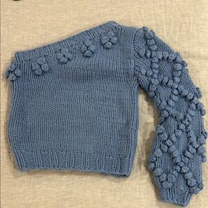 Blue Knit Sweater with Textured Sleeve